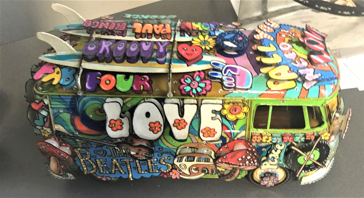 Beatles “All You Need Is Love” VW Bus Hand Painted 3D Metal Sculpture