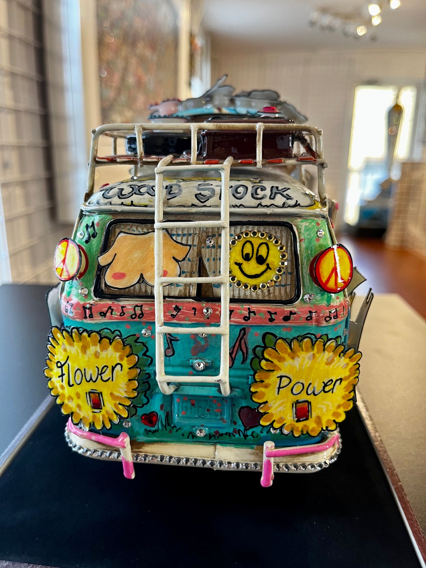 Woodstock VW Bus Hand Painted 3D Metal Sculpture