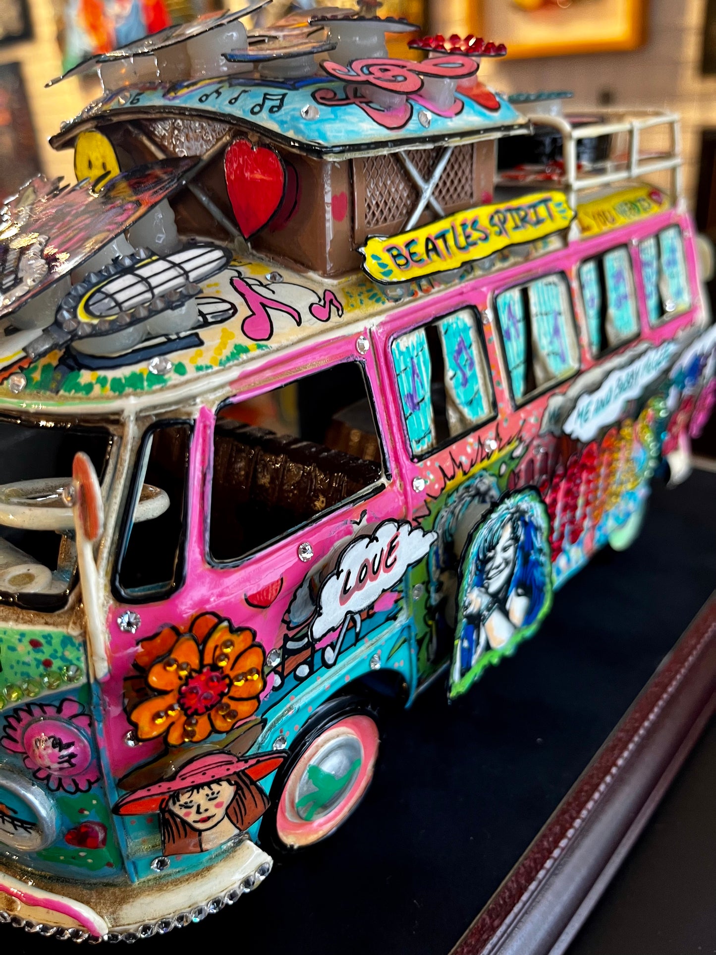 Woodstock VW Bus Hand Painted 3D Metal Sculpture