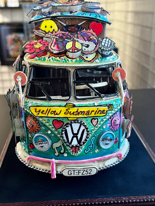 Woodstock VW Bus Hand Painted 3D Metal Sculpture