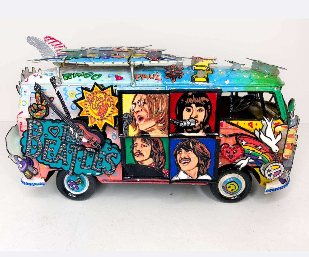 Beatles “Greatest Hits” VW Bus Hand Painted 3D Metal Sculpture