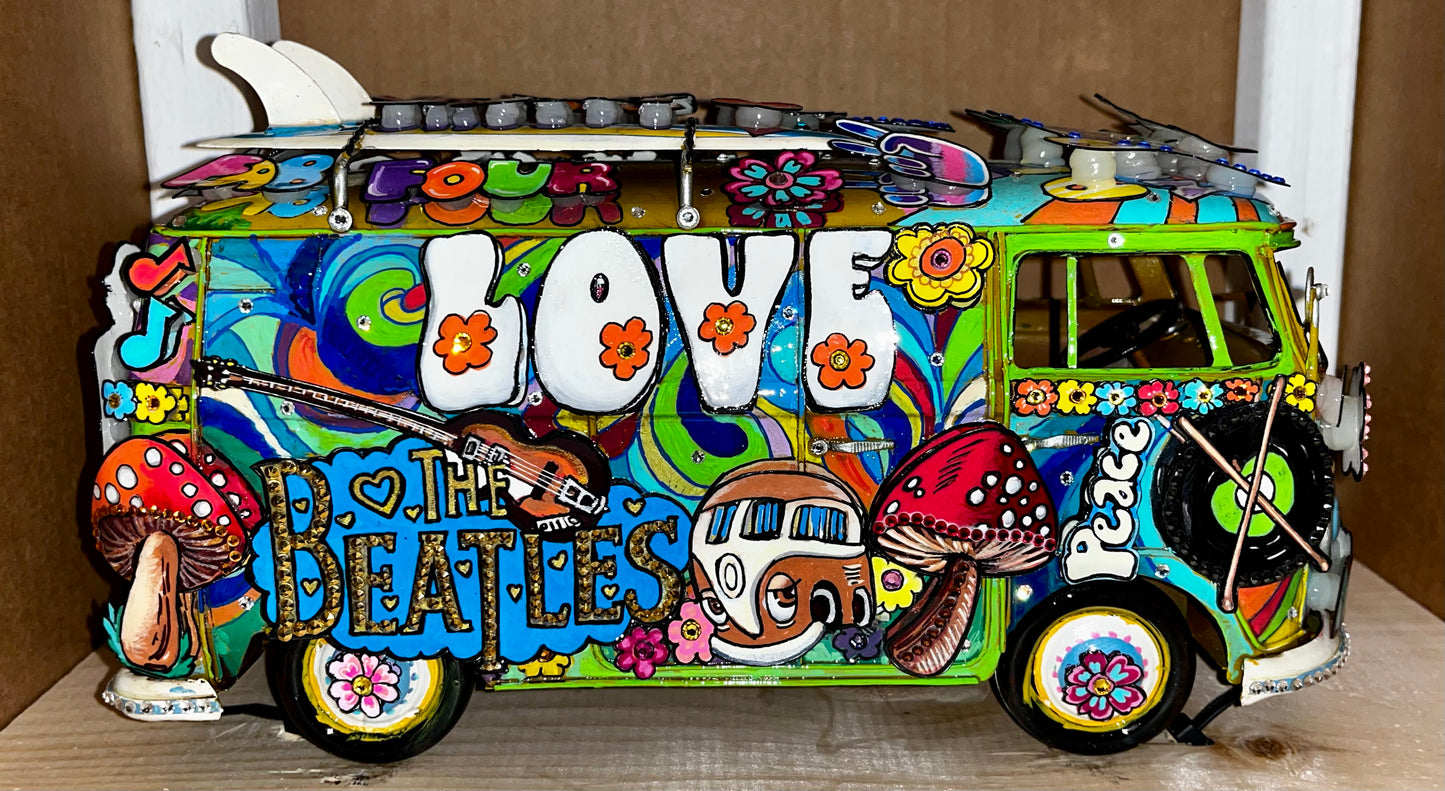 Beatles “All You Need Is Love” VW Bus Hand Painted 3D Metal Sculpture